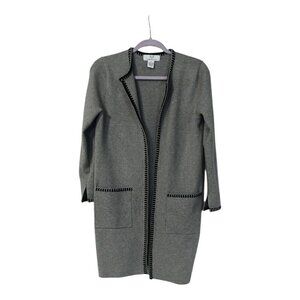 Magaschoni Open Front Cardigan Gray Black Trim Size S Long Midi Blazer Sweater